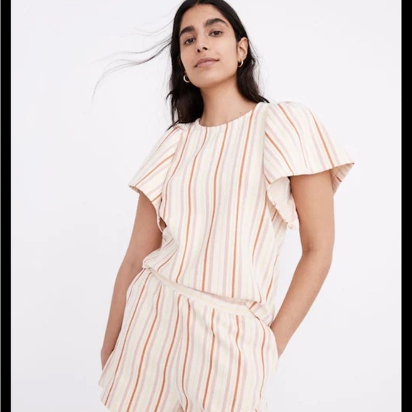 Madewell Textured Stripe Flutter Sleeve Top - Picture 1 of 12
